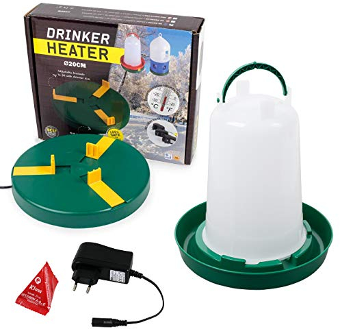 Agrarflora Komplettset: Tränkenwärmer Ø20cm + Geflügeltränke 1,5 Liter + Vitamine 20ml - Heizplatte, Wärmeplatte zur Geflügelhaltung - frostsichere Hühnertränke - winterfeste Kükentränke