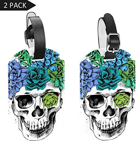 Etichette per bagagli a forma di teschio con piante grasse, in pelle, confezione da 2