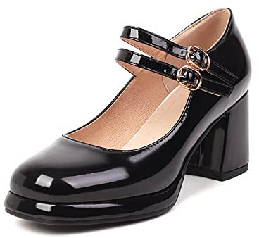 glglgege Womens Mary Janes Shoes Platform High-Heeled Pumps Square Toe Patent Leather Buckle Strap Chunky Heels Dress Shoes, Black, 7 UK