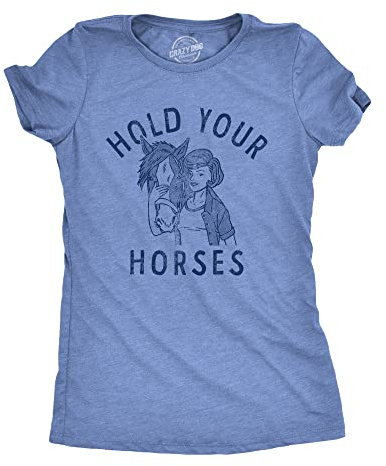 Womens Hold Your Horses T Shirt Funny Cute Horse Riding Lovers Tee for Ladies Funny T Shirts Cool Animal Top Women's Novelty Tees Light Blue XL