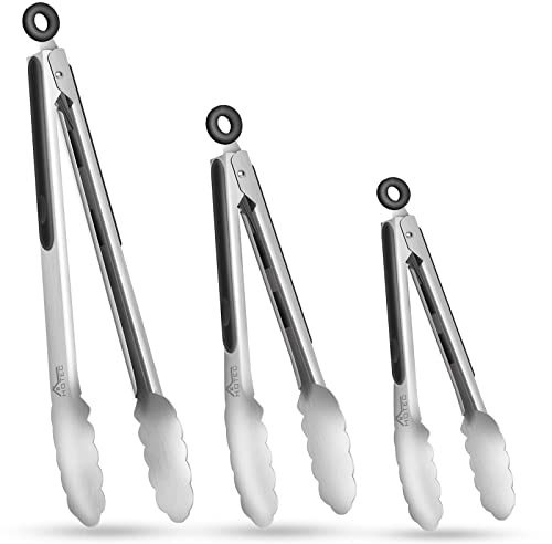 Hotec Pinze da cucina in acciaio inox, set da 7,6-17,8 cm, 22,9 cm e 30,5 cm, pinze per alimenti in metallo per cucinare, servire, barbecue, griglia con impugnatura antiscivolo