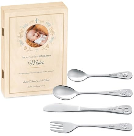 Maverton Cubiertos Acero Inoxidable Personalizado con Grabado - Set de 4 Piezas - Regalos Personalizados en Caja para Niños Bebe - Cutlery Set para Comunion Bautizo 1 año - Comer