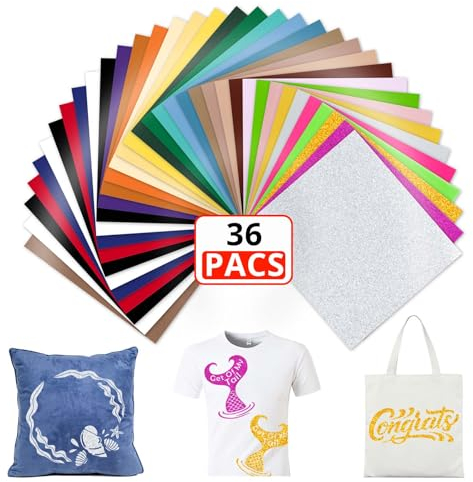 HTVRONT Plotterfolie Textil Bündel 36 Pack mit 3 Glitzer Flexfolie Plotter Textil - Flexfolie 30.5 cm*25.4 cm 29 Farben und 1 Teflon Blatt - Heat Transfer Vinyl HTV für T-Shirt & Stoffe (36 Stück)
