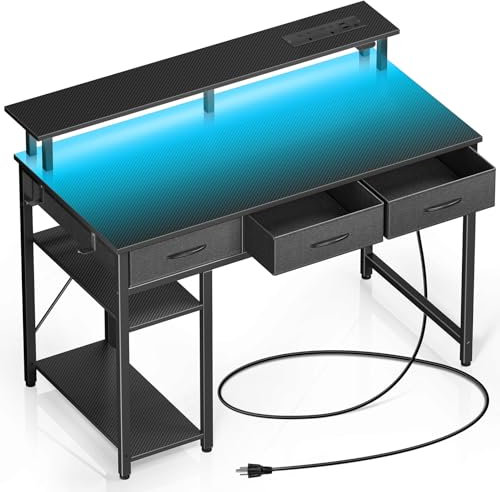 Rolanstar Schreibtisch mit Schubladen, Computertisch mit Steckdosen & LED, Gaming Tisch mit Monitorständer, Regal & 2 Haken, Gaming Schreibtisch für Büro, Wohnzimmer(Schwarz, 100x47x90,5cm)