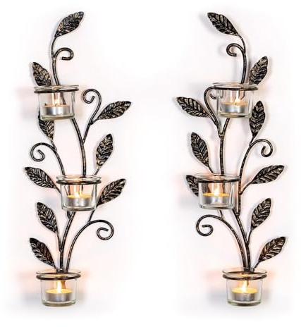 Sziqiqi Wall Candle Holders Leaf - Black Wall Sconces Candelabra with 6 Tealight Glass Wall Mounted Tea Light Candle Sconce for Candles for Living Room Bathroom Dining Room
