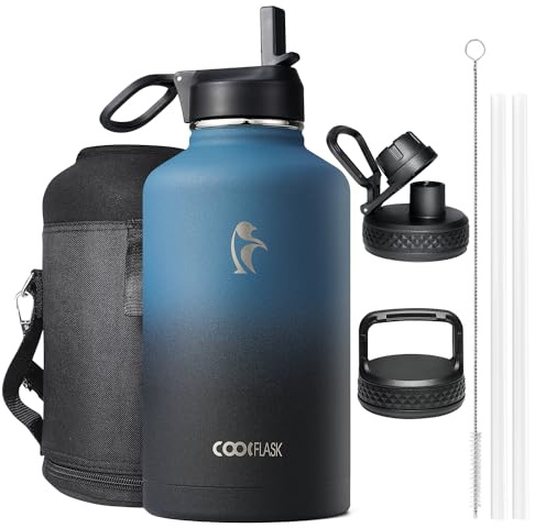 Coolflask Insulated Water Bottle 2L - 3 Lids with Straw & Spout & Handle, Leakproof Vacuum Stainless Steel Water Bottle for Sports, Travel, Gym, 48H Cold & 24H Hot, BPA Free, Navy Black Gradient