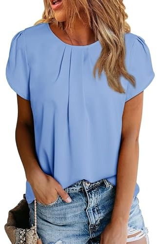 Dokotoo Camicia Donna Estiva Elegante Blusa a Maniche Corte con Girocollo Camicetta Casual in Chiffon Camicie, Azzurro Cielo, S