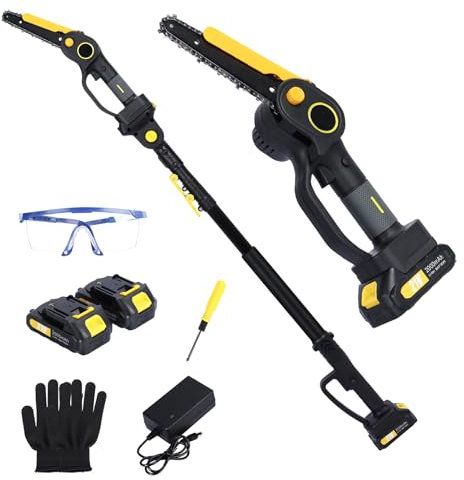 HshDUti Scie à perche sans fil 2 en 1 et mini tronçonneuse sans fil avec batterie et chargeur, longue portée de 1,8 à 2,3 m, tronçonneuse de jardin longue portée (2,0 Ah)