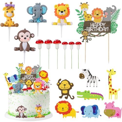 saerryor 18 PCS Jungle Animal Cake Toppers,Animals Happy Birthday Cake Toppers Cake Decorations,Jungle Animal Birthday Cupcake Toppers for Kids Boy Girl,Birthday Shower Party Supplies