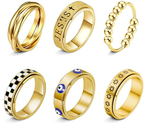 LOFITOR 6PCS Anello Antistress Anti Ansia Anelli Spinner Ansia Alleviare Fidget Band Anello Set per Donne Uomini Acciaio Inossidabile Rotante Anelli Anti Stress CZ Luna Stella tag60