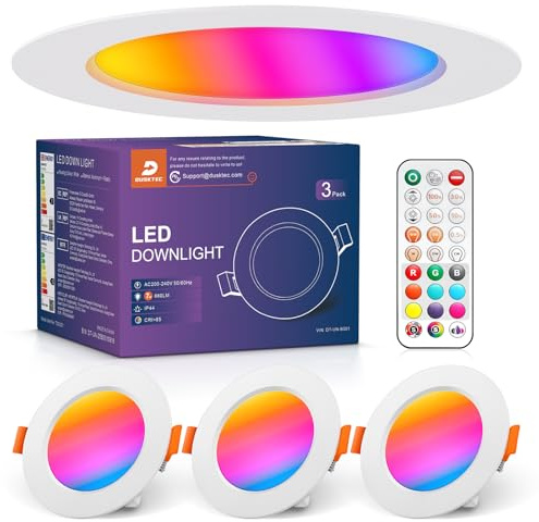 DUSKTEC Spot LED Encastrable RGB avec Télécommande, Lot de 3, IP44 Spots LED de Plafond Couleur Blanc, 7W Éclairage Encastré pour Salle de Bain Cuisine Couloir, Trou 68-85mm, AC220-240V
