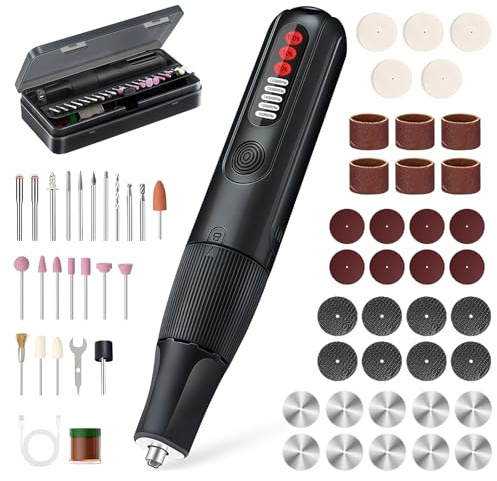 Focenat 8V Mini Amoladora Eléctrica Bateria con 61 Accesorios, Multiherramienta, 5 Velocidades Herramienta Rotativa con luz LED, 23000 rpm, Mini Taladro Eléctrica para grabar taladrar cortar esmerilar