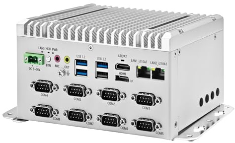 Glovary Fanless Mini PC i7 1255U (10C12T, up to 4.7GHz), 2 x i210AT Gigabit LAN, Linux Industrial Computer Din Rail, Barebone, 8 x RS232 COM, Dual Display, 3USB3.2, 9-36V Auto Power on