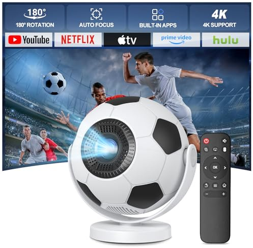 [Fotbollsprojektor] Miniprojektor med WiFi 6 och Bluetooth 5.4, Android 14, 4K-stöd, 180° rotation, automatisk keystone-korrigering. Hemmavideoprojektor kompatibel med bärbar dator, PC