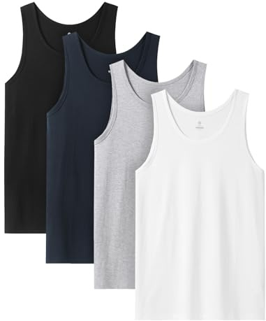 LAPASA Herrar 4-pack linne 100% bomull Classic Tanktop Andningsbar Rundhals Fitness Ärmlös T-shirt Muskeltröja M36, Svart+Marinblå+Grå+Vit, M