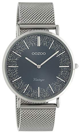 Oozoo Flache Vintage Damenuhr mit Milanaiseband aus Edelstahl Glitter Line mit funkelnden Elementen im Zifferblatt 40 mm, C20134 - Blau/Silberfarben, groß, Vintage
