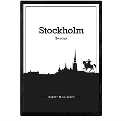 Nacnic Poster mappa di Stoccolma - Svezia. fogli Skyline con le città del nord Europa con ombra nera. formato A4