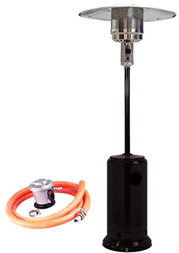 Bricoloco Estufa exterior de gas butano o propano para terrazas con regulador de temperatura. Calefactor exterior con ruedas para áreas ventiladas. Incluye manguera y regulador de gas. (Negro)