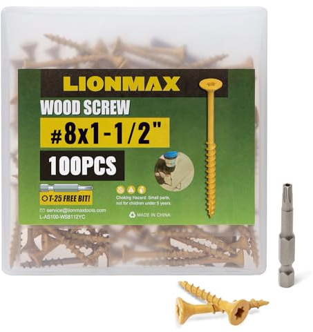 LIONMAX Wood Screws 1-1/2 Inch, Deck Screws #8 x 1-1/2, 100 PCS, Rust Resistant, Epoxy Coated, Exterior Wood Screw, Outdoor Decking Screws, Torx/Star Drive Head, T25 Star Bit Included, Tan