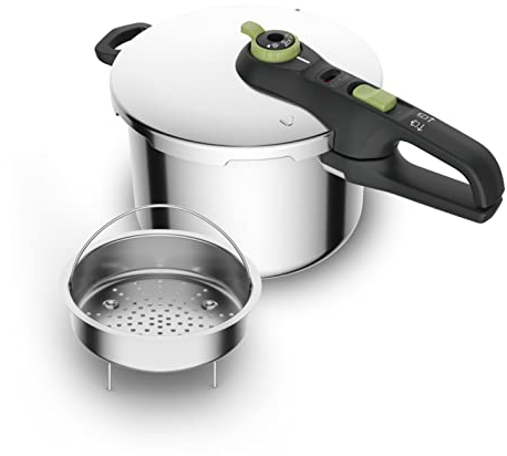 Tefal P2580702 Secure Trendy Schnellkochtopf 6 L mit Korb, 2-Stufen-Garregler: Intensivstufe 117°C, Schonstufe 112°C, Induktions-Kapselboden, für alle Herdarten, Edelstahl/Schwarz/Grün
