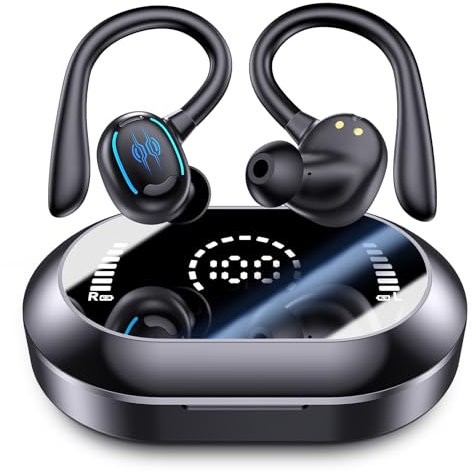 MAIJOFO Cuffie Bluetooth 5.3, Auricolari Sport con Mic 60H, Doppio Display LED IP7 Impermeabile Wireless Controllo Touch Hi-Fi Senza Fili In Ear, Ricarica Rápida Nero