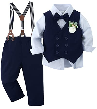 ZOEREA Baby Jungen Bekleidungsset Anzug Gentleman Festliche Taufe Hochzeit Langarm Kleid Hemd + Bowtie + Weste + Boutonniere + Hosenträge Blau,3-4 Jahre
