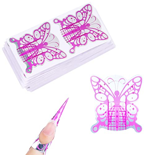 WeddHuis 200 Stück Nagel-Schablonen für Gel-Nägel, BUTTERFLY silver purple Design, selbstklebend (Modellier-Schablone)