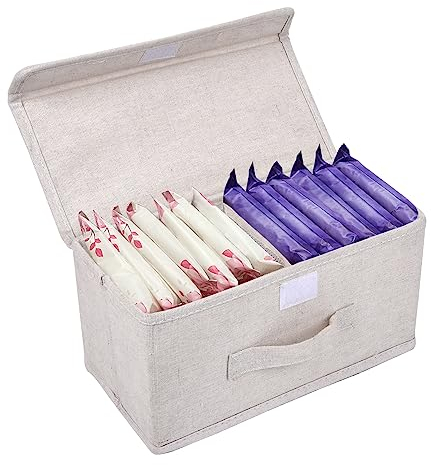 ChengFu Pad Holder for Women Bathroom,Sanitary Napkin Holder, Pad and Tampon Holder for Bathroom, 2 Compartments Pad and Tampon Organizer, Fabric Pad Holder for Period, White