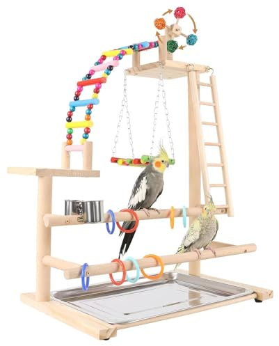 AMZTEMU Jouet perroquet, Aire de Jeux pour Oiseaux, Place de Jeux en Bois pour Perruches Canaris, Perchoir en Bois pour perroquets, Terrain de Jeu pour Perroquet(46*31*70CM)