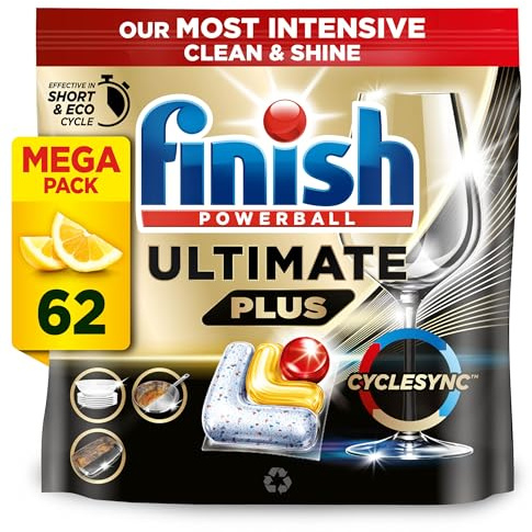 Finish Dishwasher Tablet, Ultimate Plus, 62 Detergent Tablets, Lemon Sparkle, Tough on Grease, For our Most Intensive Clean & Diamond Shine, Effective for Short Eco Cycle