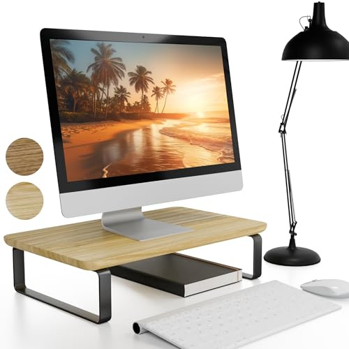 Beautiful Wooden Monitor Stand for Desk - Sturdy Stand Rises Your Monitor to the Perfect Ergonomic Level - Sleek and Functional Computer/Laptop Rack Design Elevates Any Workspace & Maximizes Space