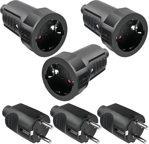 3 Paar Schuko Stecker Kupplung: 250V 16A IP54 Gummi Schukokupplung Set, Schutzkontakt Stecker, 2-polig Aussen Wasserdicht Schwarz Schukostecker und Gummikupplung ohne Kabel