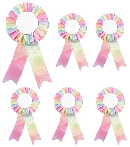 6Pcs Roseta de Premio de Ganador de Poliéster Arcoíris, Roseta de Cinta de Premio de Satén de Reconocimiento Honorífico, Roseta Medalla en Blanco para Concurso Niños Niñas Fiesta