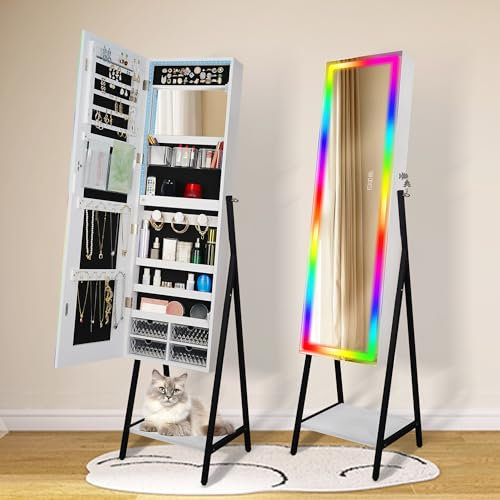 STARLEAD Armoire à Bijoux avec Miroir LED, Debout, Pleine Longueur avec Changement Couleur Lumière RGB, Dimmable, Verrouillable, Doublure Velours, Grand Espace Rangement