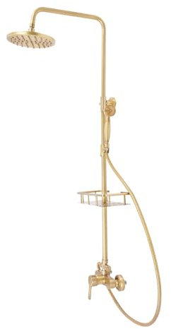 Antikt mässing duschsystem, mässing, antik duscharmatur med förvaringshylla, huvudduschen i grad 360°, justerbar höjd 85–132 cm, för lägenheter, skolor