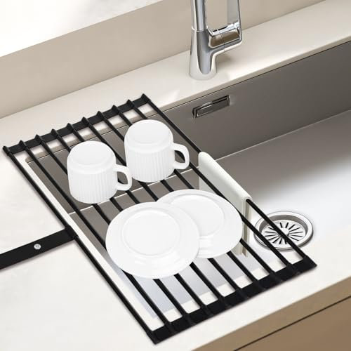 Euqvunn Scolapiatti da Appoggio per Lavello, Pieghevole e Rimovibile Gocciolatoio, Grande, con Bordi in Silicone Antiscivolo e Cinturino, Organizer Cucina Tappetino Scolapiatti, 51x32cm, Nero