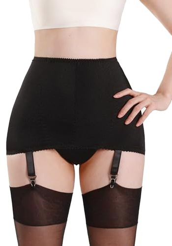 Luxallacki Classic Flat Sewn Panel Open Bottom Girdle with 4-Strap Suspender Belts, Waist Shaping Garter Skirt