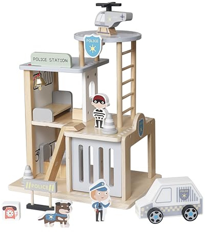 HYGRAD® Wooden Police Station Playset for Kids – Multilevel Pretend Play Toy Dollhouse, 3-Level with Figures, Car, Helicopter Pad, Prison Cell and Accessories