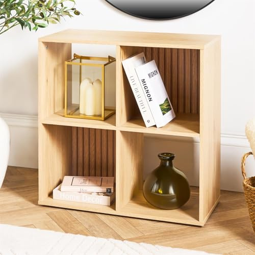 OHS 4 Tier Cube Bookcase Open Shelf, Dallas Wooden Cube Storage Unit Freestanding Shelving Display Book Shelf Storage Unit for Living Room Bedroom Office Furniture, Natural