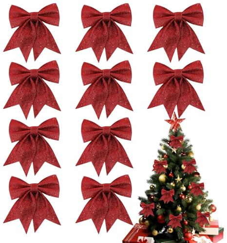 10 Pièces Nœuds Rouges de Noël, Décoration de Sapin Brillante, Ornements de Noël pour Maison, Fête, Mariage et Célébrations