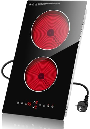 Alemania Placa Vitrocerámica Eléctrica 2 Zonas 3000W, 30cm Encastrable y Portátil, Placa Domino con Temporizador, Pausa, Mantener Calor y Bloqueo Infantil