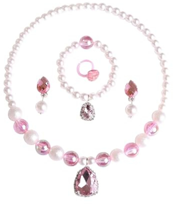 Satiskid 5 Pcs Kids Jewelry Set Handmade Pearl for Girls, Purple Heart Pendant Toddler Jewelry with Stretch Necklace, Bracelet, Adjustable Ring and Clip Earrings, Lovely Beaded Accessories for Dress