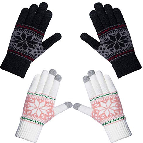 Chalier Fashion 2 Paia Donna Guanti Invernali Caldi Touchscreen con Motivo a Fiocco di Neve, Neri+Bianchi