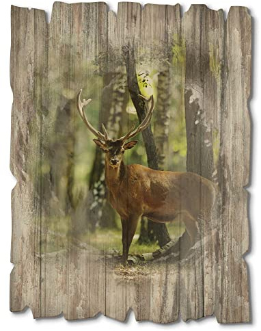 ARTland Wanddeko Bild aus Holz Holzbild vintage Deko 30x40 cm Hochformat Natur Wald Bäume Tiere Hirsch Landhausstil T5YP