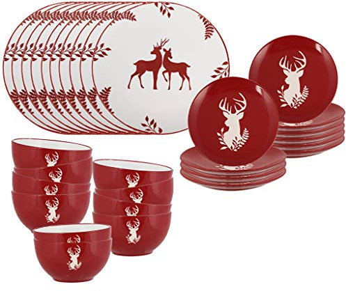 30 Piece Stoneware Dinner Set - Christmas Dinner Plate, Side Plate & Bowl | 10 Place Settings, Dishwasher Safe, Microwave Safe, Red, Glazed, Reindeer, Stag, Deer, Christmas Crockery