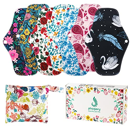 PHOGARY Wiederverwendbare Hygienetücher Pads (7 in 1, 25,4 cm), Bambus-Slipeinlagen mit nassem Beutel, Schwerer Fluss-Nachtwaschbarer Stoff Menstruationssanitärhandtücher