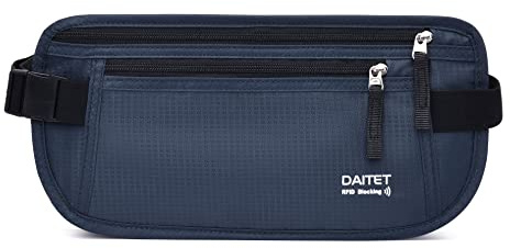 Cinturón de dinero con bloqueo RFID para hombres y mujeres, riñonera delgada para viajes, correr, cartera oculta para pasaporte, teléfono, dinero en efectivo, Azul oscuro, Rfid Blocking & Belt Wide: 1