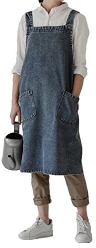 Pincy Unisex Denim Apron No-ties - Cross Back Apron with Pockets for Cooking Kitchens (Blue)