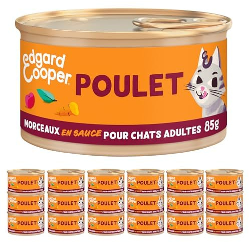 Edgard & Cooper Morceaux en Sauce pour Chat Adulte Stérilisé, Poulet 18 x 85g, Nourriture Humide Sans céréales, Pate Riche en protéines, Sans sucres ajoutés