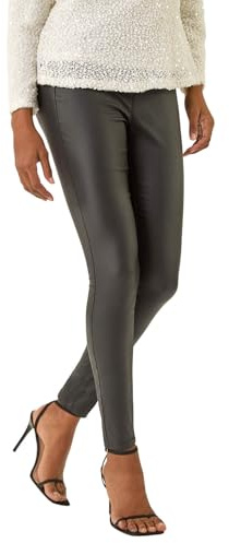 Roman Faux Leather Trousers for Women UK Ladies Mat Legging Jegging Pants High Waisted Pull On Waterproof Wet Latex Imitation Coated Stretchy Jeans Tight Slimming PU - Black - Size 14